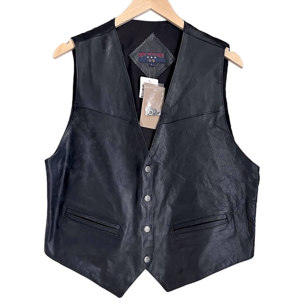 Black Leather Vest Men L NEW NEW NEW USA Western Biker Made in India Snap